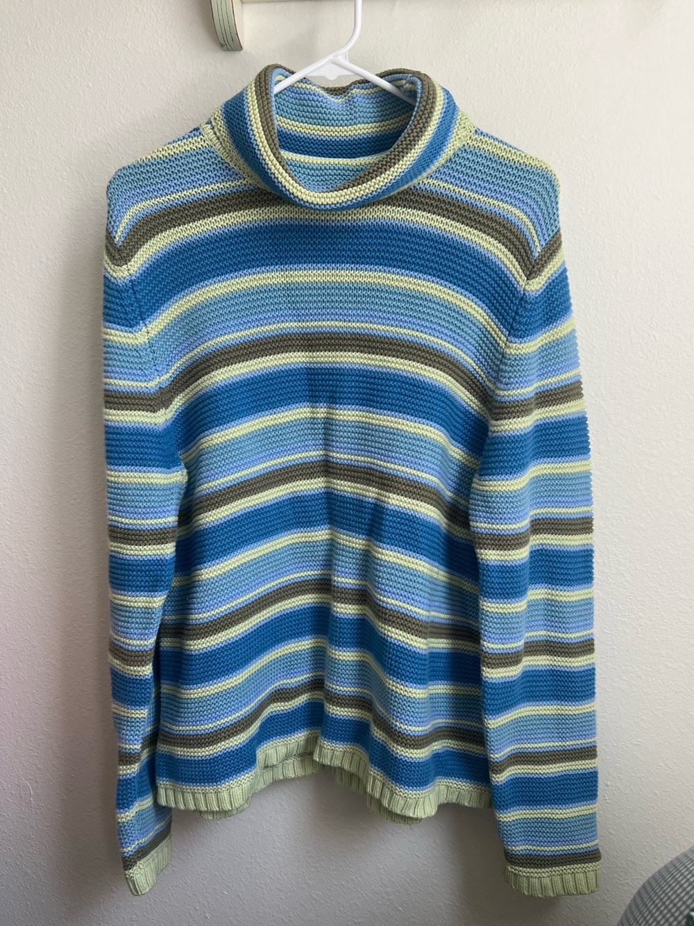 (relativity) Striped 100% Cotton Turtleneck Sweater in Blue and Light Green